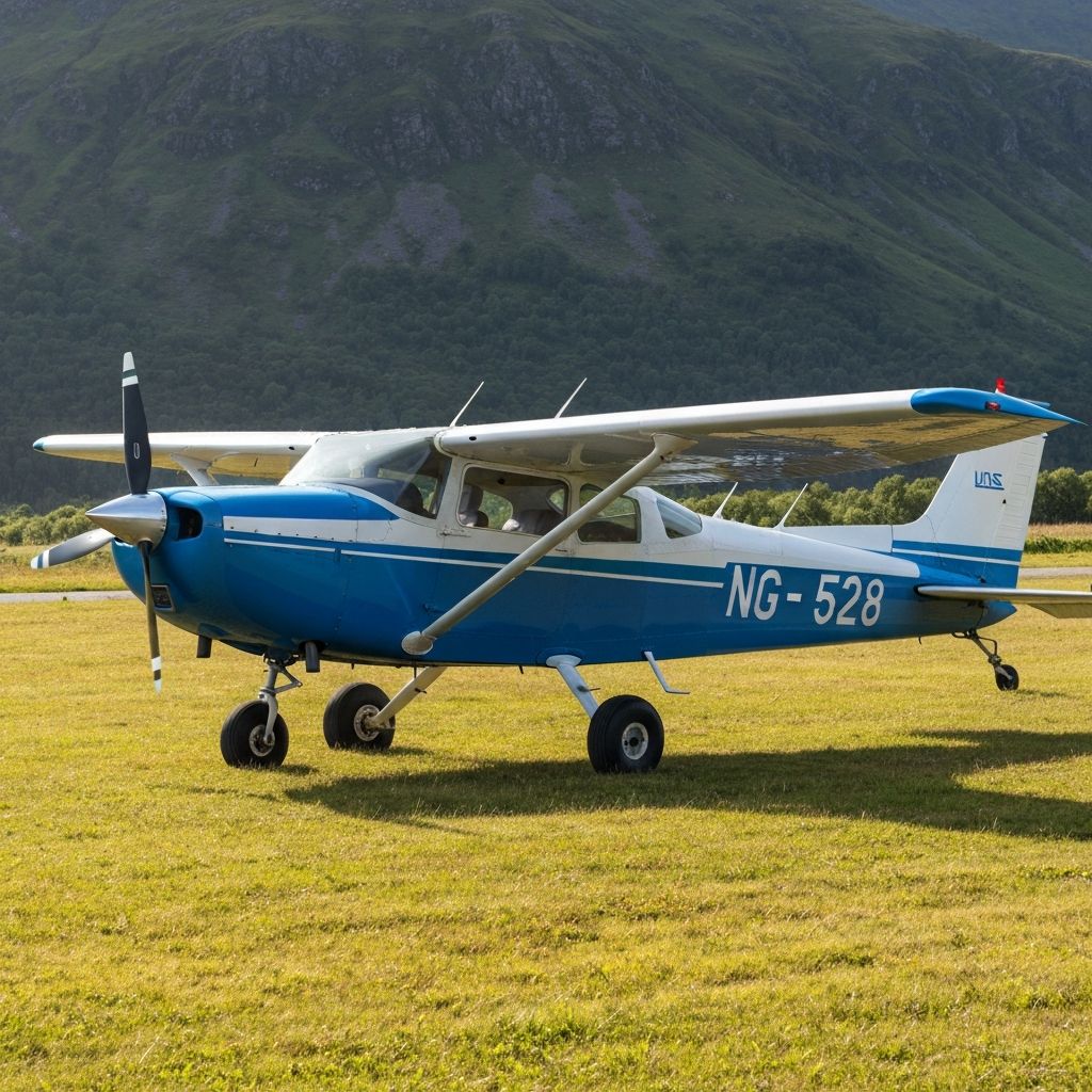 Cessna parked at scenic mountain airfield