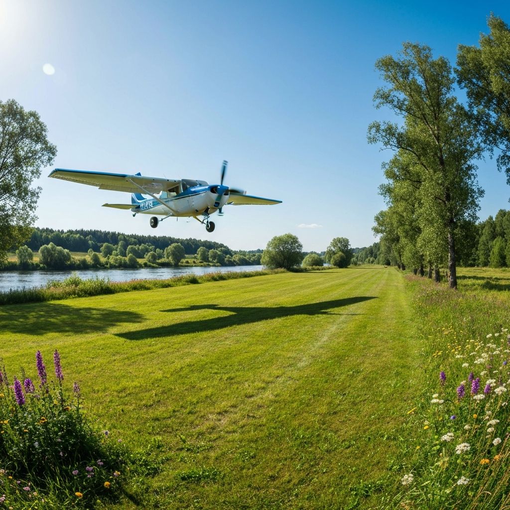 Aircraft on riverside grass airstrip